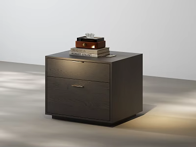Modern Dark Wooden Bedside Table with Two Drawers and Decorative Items on Top 3d model