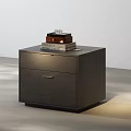Modern Dark Wooden Bedside Table with Two Drawers and Decorative Items on Top