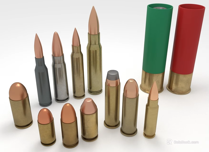 Assorted Weapon Bullets Featuring Copper Silver Green Red Brass Casings And Various Sizes 3d model 