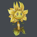 Cartoon Sunflower Character Creature With Yellow Petals Smiling Face Bright Eyes Golden Stem Green Leaves