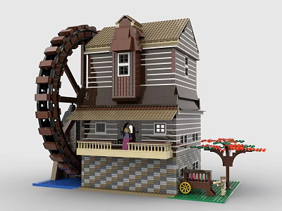 Lego toy building blocks wood processing plant site workshop waterwheel 3d model