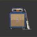 Blue Amplifier Brown Speaker Cabinet with White Electric Guitar and Connecting Cable