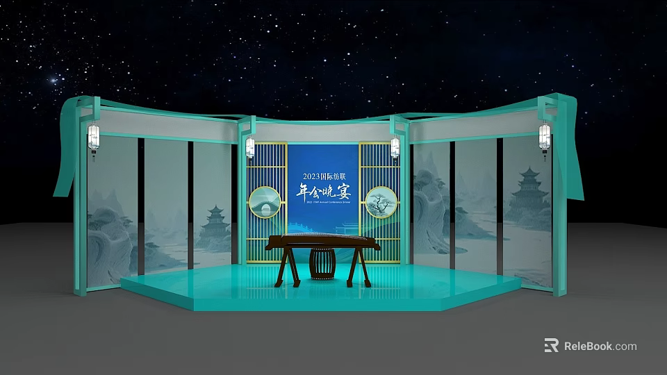Chinese Style Photo Check In Spot Featuring Blue Stage Landscape Paintings And Lanterns 3d model 