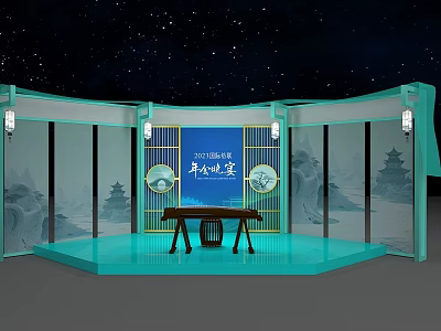 Chinese Style Photo Check In Spot Featuring Blue Stage Landscape Paintings And Lanterns 3d model