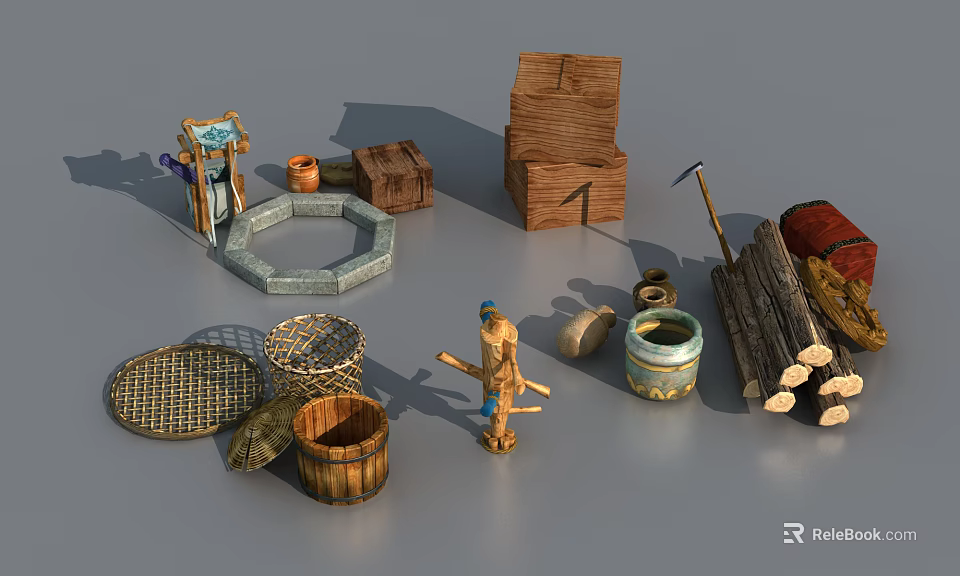 Creative Garden Decor With Wooden Boxes Barrels Wicker Baskets Stone Ring Tools And Logs 3d model