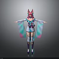 Anime Style Cat Ear Girl Character With Colorful Blue Green Pink Outfit And Flowing Sleeves