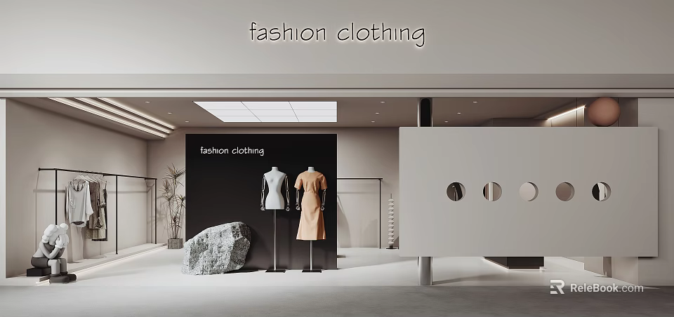 Trendy Fashion Clothing Store With Modern Interior Mannequins Clothing Racks And Decorative Rock 3d model 