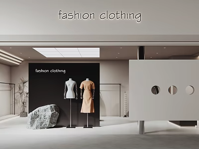 Trendy Fashion Clothing Store With Modern Interior Mannequins Clothing Racks And Decorative Rock 3d model