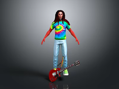 Long Haired Figure Wearing Tie Dye Shirt Light Blue Jeans Green Shoes With Red Guitar 3d model