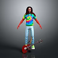Long Haired Figure Wearing Tie Dye Shirt Light Blue Jeans Green Shoes With Red Guitar