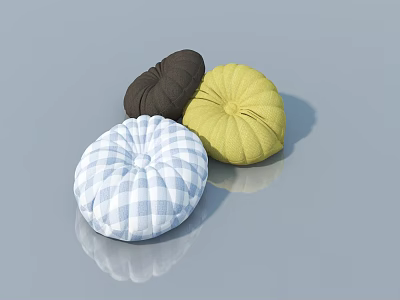 Round Decorative Cushions In Blue White Checkered Dark Brown And Yellow On Gray Surface With Reflection 3d model