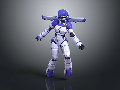 Blue And White Armored Robot Character With Futuristic Mechanical Armor Standing Pose 3D Render 3d model