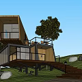 Elevated Modern Detached Villa With Wooden Structure Glass Walls And Terrace Surrounded By Trees