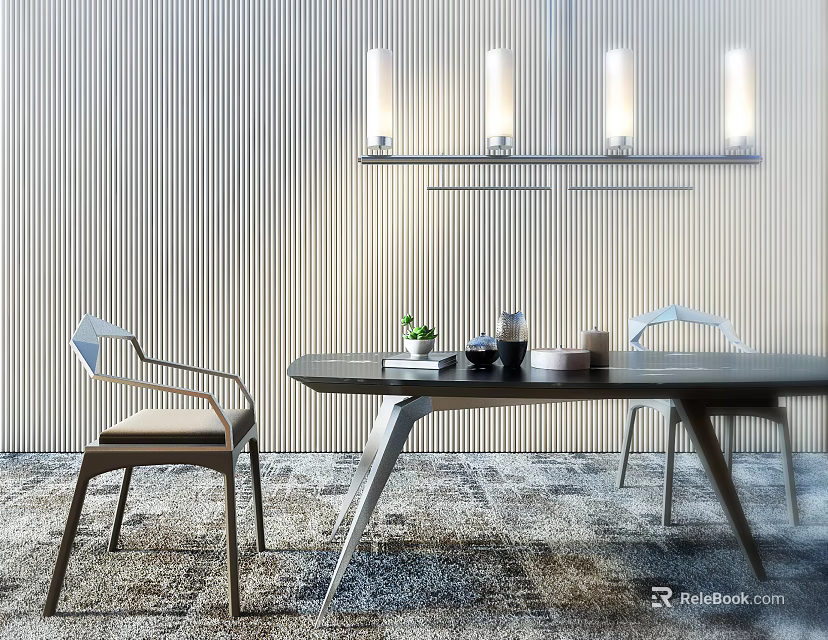 Modern Dining Table Set With Chairs Pendant Lights Striped Wall And Rug 3d model 