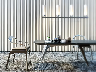 Modern Dining Table Set With Chairs Pendant Lights Striped Wall And Rug 3d model