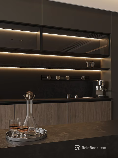 Modern Sideboard With LED Strip Lights Wooden Cabinets And Black Countertop 3d model 