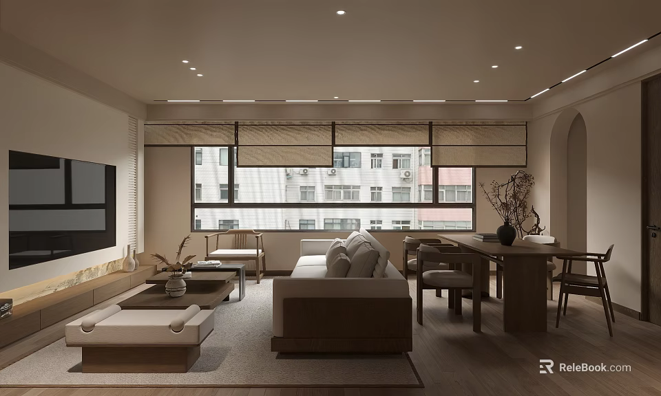 Modern Living and Dining Room Interior With Sofa Coffee Table Dining Table And Chairs 3d model 