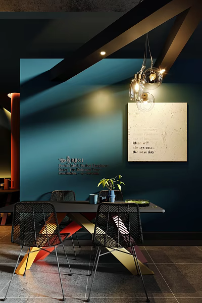 Stylish Restaurant Interior With Dark Blue Walls Pendant Lights Woven Chairs Dining Table And Artwork 3d model