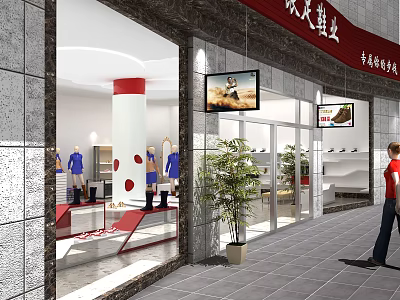 Modern Fashion Store With Glass Display Windows Mannequins Blue Outfits And Red Accents 3d model