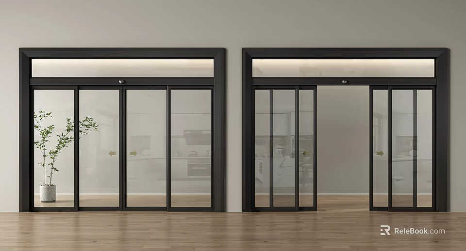 Modern Glass Sliding Doors With Black Frames In Interior Wooden Floor Space 3d model 