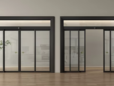 Modern Glass Sliding Doors With Black Frames In Interior Wooden Floor Space 3d model