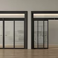 Modern Glass Sliding Doors With Black Frames In Interior Wooden Floor Space