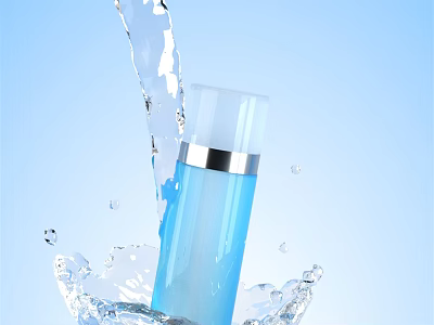 Blue Perfume Spray Bottle with Water Splashes on Light Blue Background 3d model