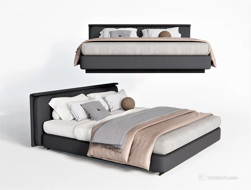 Modern Double Bed Design With Black Headboard Pillows And Blanket 3d model