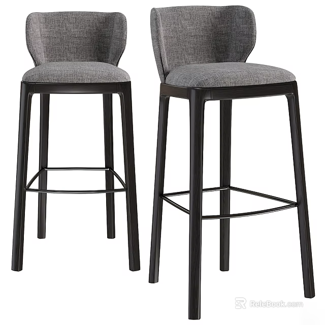 Pair of Modern Gray Upholstered Bar Stools with Black Metal Legs and Backrest Design 3d model 