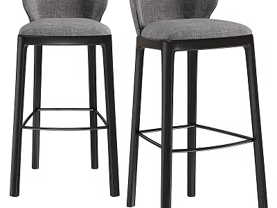 Pair of Modern Gray Upholstered Bar Stools with Black Metal Legs and Backrest Design 3d model