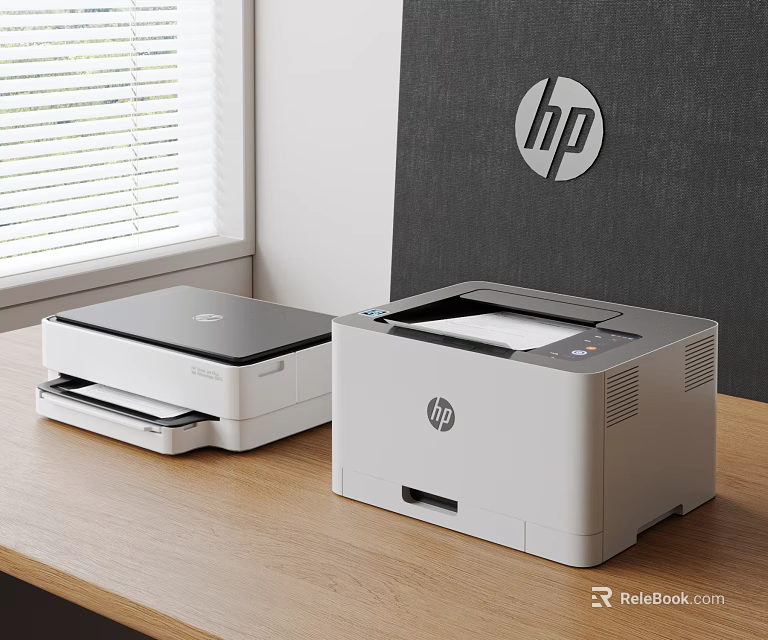 HP Office Electronics Including Laser Printer And Scanner On Wooden Desk 3d model