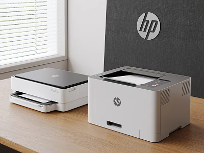 HP Office Electronics Including Laser Printer And Scanner On Wooden Desk 3d model