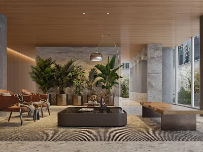 Modern Hotel Lobby Interior Design With Wooden Ceiling Green Plants And Marble Walls 3d model