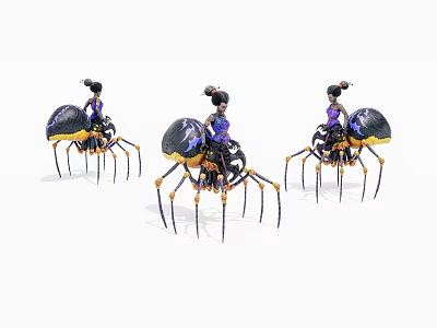 Three Game and Movie Characters Riding Spiders in Purple Clothes with Black and Yellow Legs 3d model