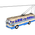 Vintage Blue And White Trolleybus With Overhead Wires On Black Background