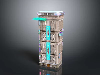 Modern Style Tall Building with Blue Vertical Decorations Multiple Floors and Illuminated Top Bottom Entrance Design 3d model