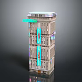 Modern Style Tall Building with Blue Vertical Decorations Multiple Floors and Illuminated Top Bottom Entrance Design