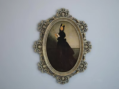 Classical Female Portrait Painting In Ornate Frame With Black Dress And Dark Background 3d model