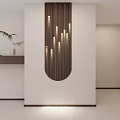 White Interior Wall Design With Curved Wooden Panel Recessed Lights And Green Plant On Shelf