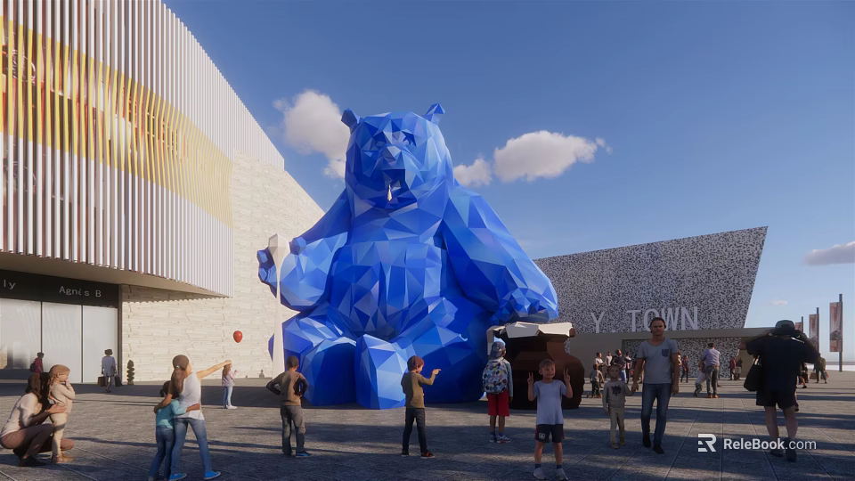 Vibrant Commercial Street Featuring Giant Blue Bear Sculpture and Pedestrians Near Modern Buildings 3d model 