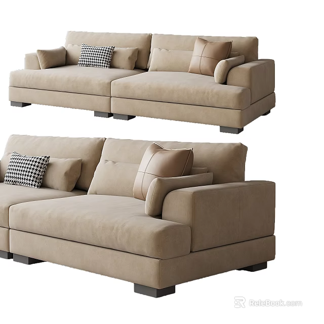 Modern Two Seater Sofa In Beige With Plaid And Solid Cushions For Living Room 3d model 