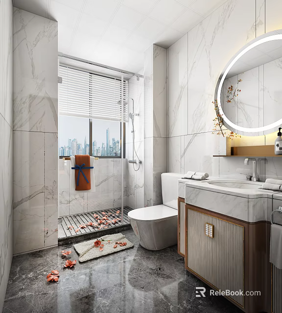 Modern Bathroom Interior With Marble Walls City View Shower Area Vanity Toilet And Round Mirror 3d model 