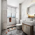 Modern Bathroom Interior With Marble Walls City View Shower Area Vanity Toilet And Round Mirror