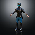 Man Wearing Black Armored Suit With Helmet Blue Visor Blue Pants And Black Boots