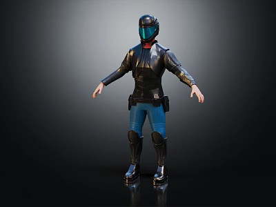 Man Wearing Black Armored Suit With Helmet Blue Visor Blue Pants And Black Boots 3d model