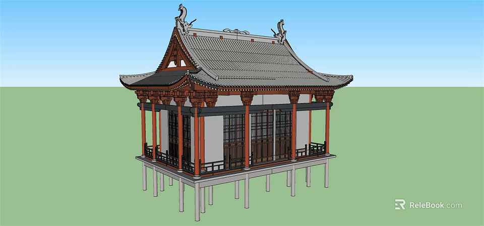 Traditional Ancient Chinese Architecture With Overhanging Eaves Tiled Roof And Wooden Columns 3d model 