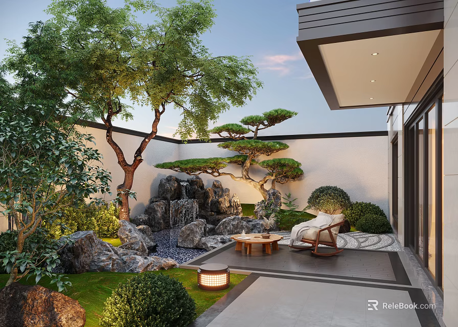 Serene Courtyard Garden with Rockery Waterfall Green Trees Stone Lantern And Wooden Seating 3d model 