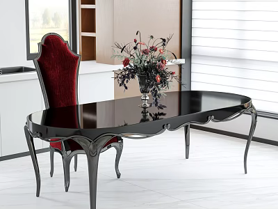 Elegant Black Dining Table with Red High Back Chair and Floral Centerpiece 3d model