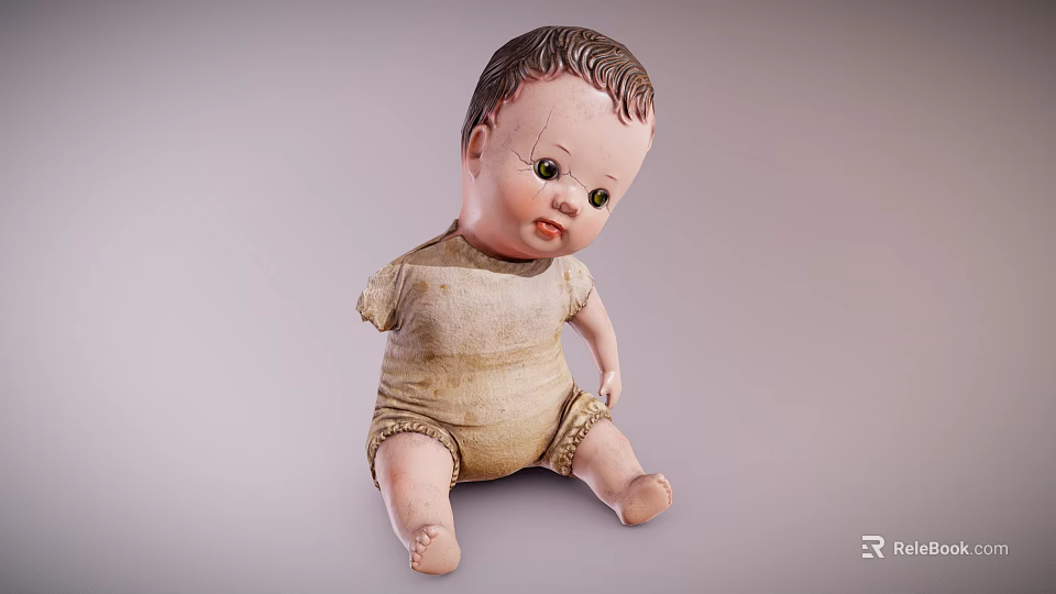 Vintage Baby Doll With Worn Cloth Outfit Sitting In Classic Pose 3d model 