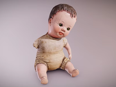 Vintage Baby Doll With Worn Cloth Outfit Sitting In Classic Pose 3d model